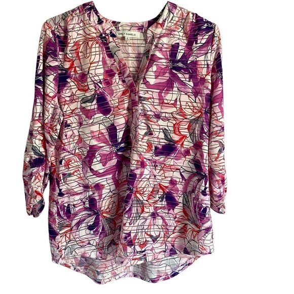 Emily Daniels Pink Purple Floral Print 3/4 Sleeves Top Women's Medium - Picture 2 of 10